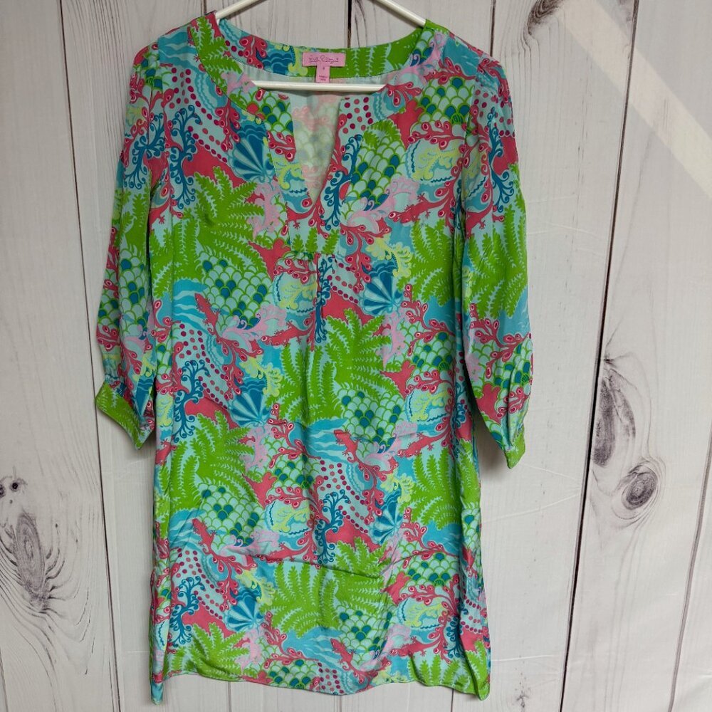 Lilly Pulitzer Anya Silk Dress Size 0 Surf Blue “Checking In” EUC